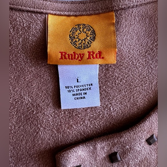 Ruby Rd Suede Fringe Studded tunic Women Brown Faux Open Front Western Regular L - Picture 11 of 16